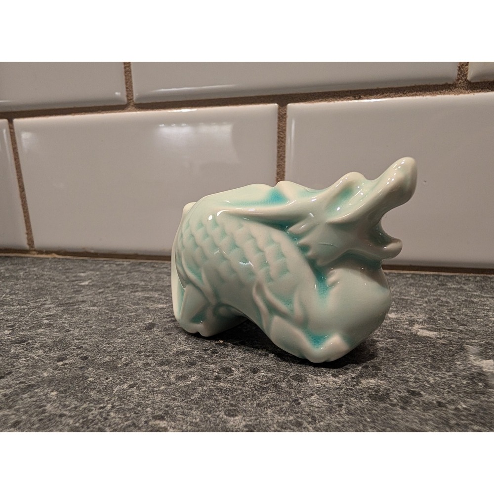 Pale Green Vintage Dragon Figurine Miniature Animal Statue - Toothpik Holder